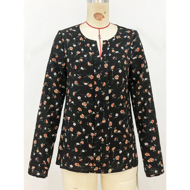 2023 Autumn New Round Neck Fashion Trend Girl Fragmented Flower Long Sleeve Slim Fit Chiffon Temperament Simple Shirt