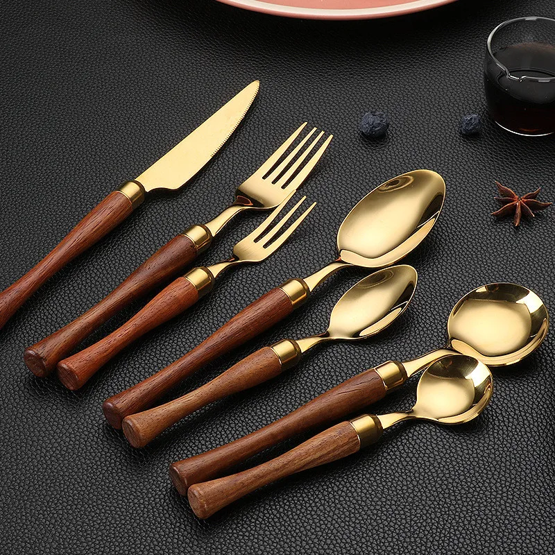 Stainless Steel Golden Tableware with Wooden Handle Western Cutlery Steak Knife Fork Spoons Teaspoons Home Kitchen Utensils