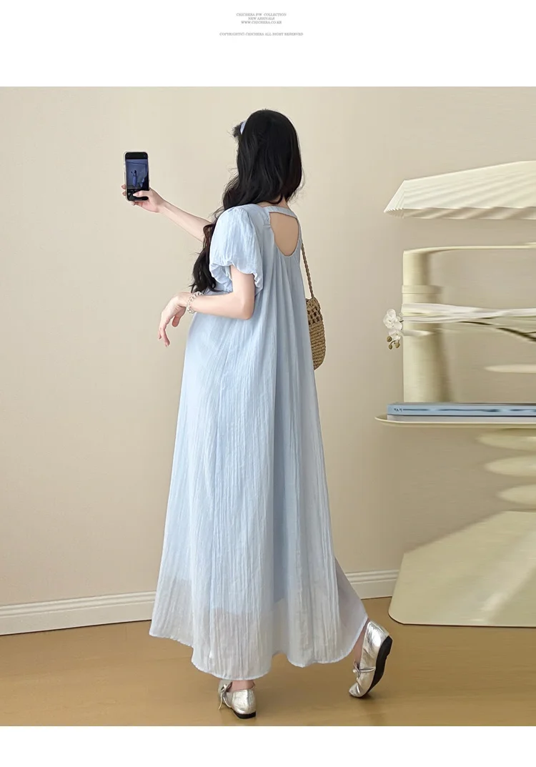 Beige Blue Summer Long Loose Pregnant Woman Beach Dress Solid Color Hollow  Out Collar Plus Size Puff Sleeve Maternity Maxi Dress - AliExpress