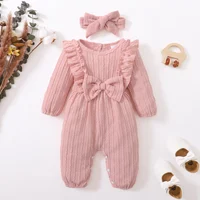 New Long Sleeve Rompers Baby Girls Spring & Autumn Jumpsuit Newborn Clothes Solid Ruffled Clothing with Headband Baby Clothing 2