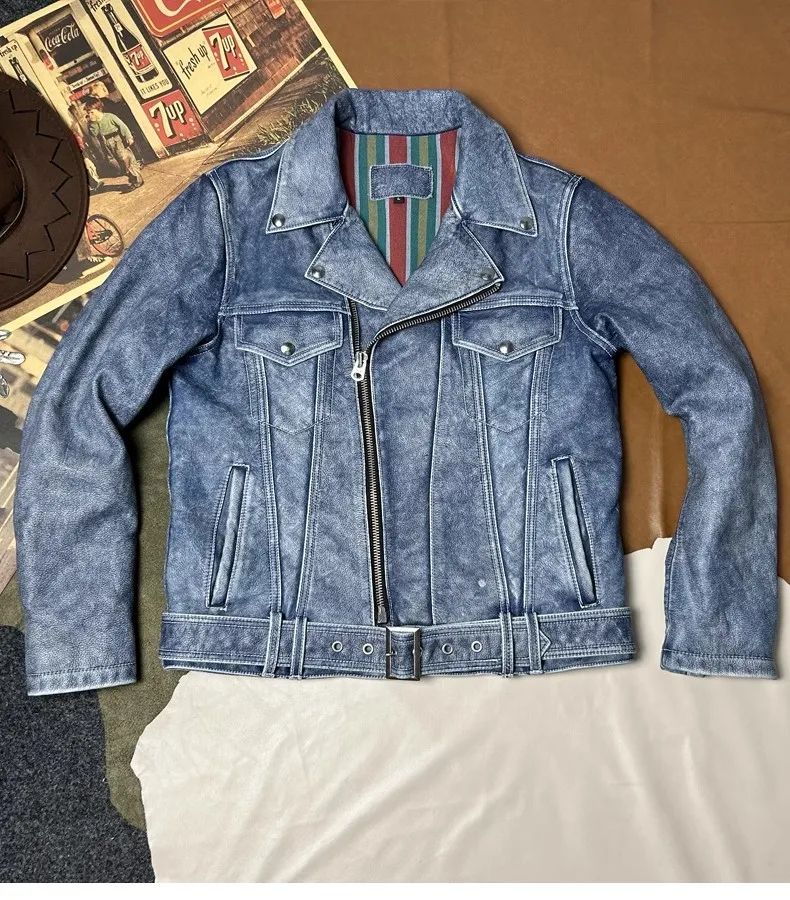 

YR!Free shipping.Classic Blue Denim leather jacket.Cool Men Heavy vintage cowhide coat.fashion Motor Rider leather clothing
