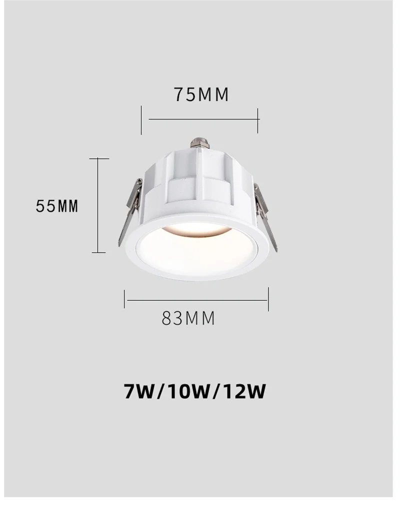 IP65 방수 통 7W 10W 12W 최근 눈부심 방지 LED COB 스포트 라이트 75mm 컷아웃 AC85-265V 주방, 욕실, 화장실용