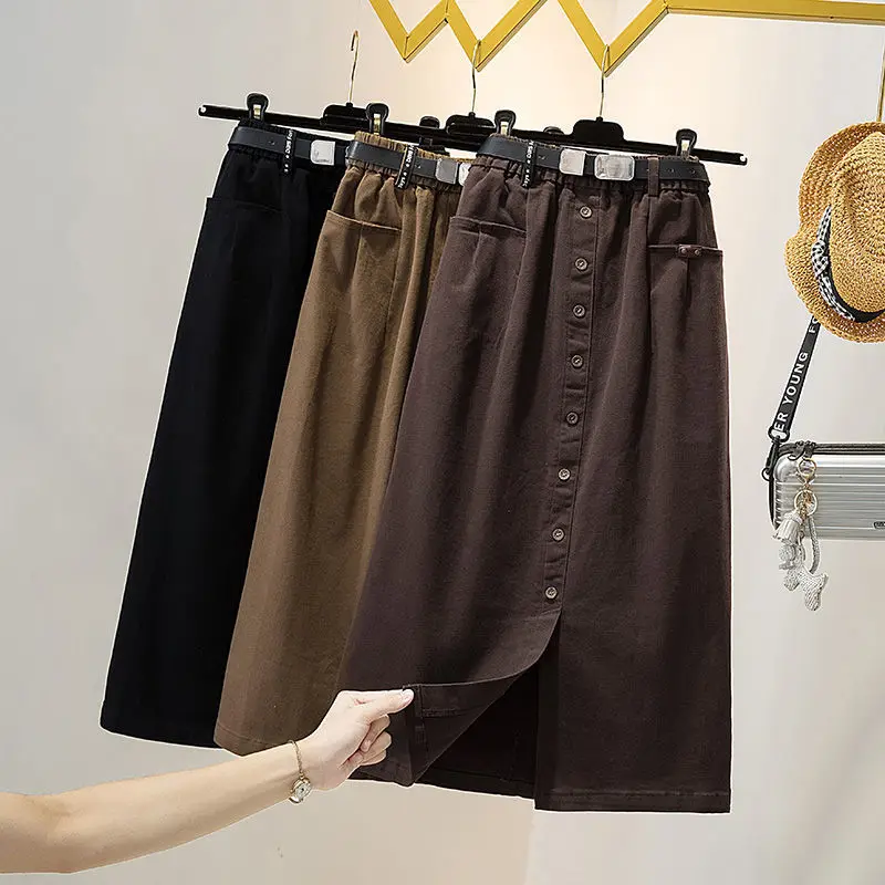

Women Solid Korean Fashion Vintage Slim Casual A Line High Waist Elagant Corduroy Solid Midi Mid-length Elegant Skirt T481