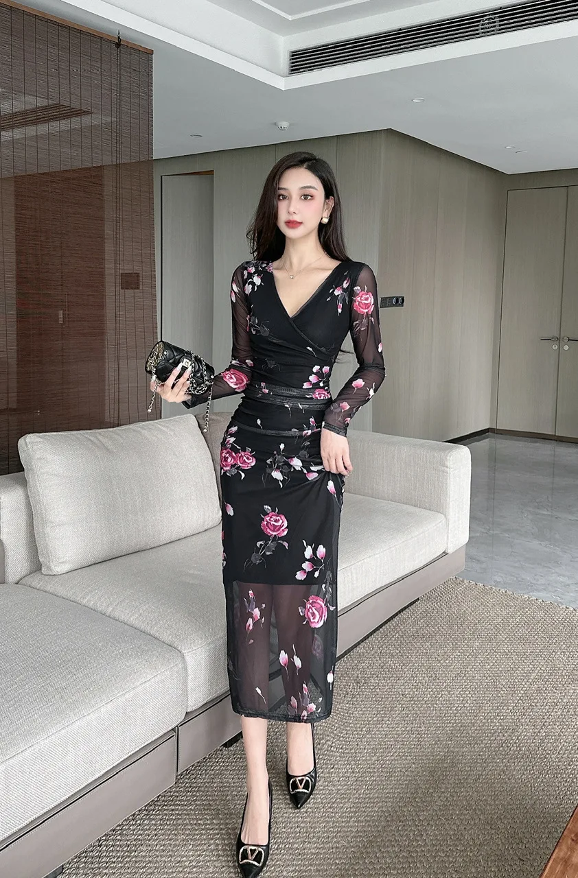 فستان خريفي نسائي شبكي أنيق