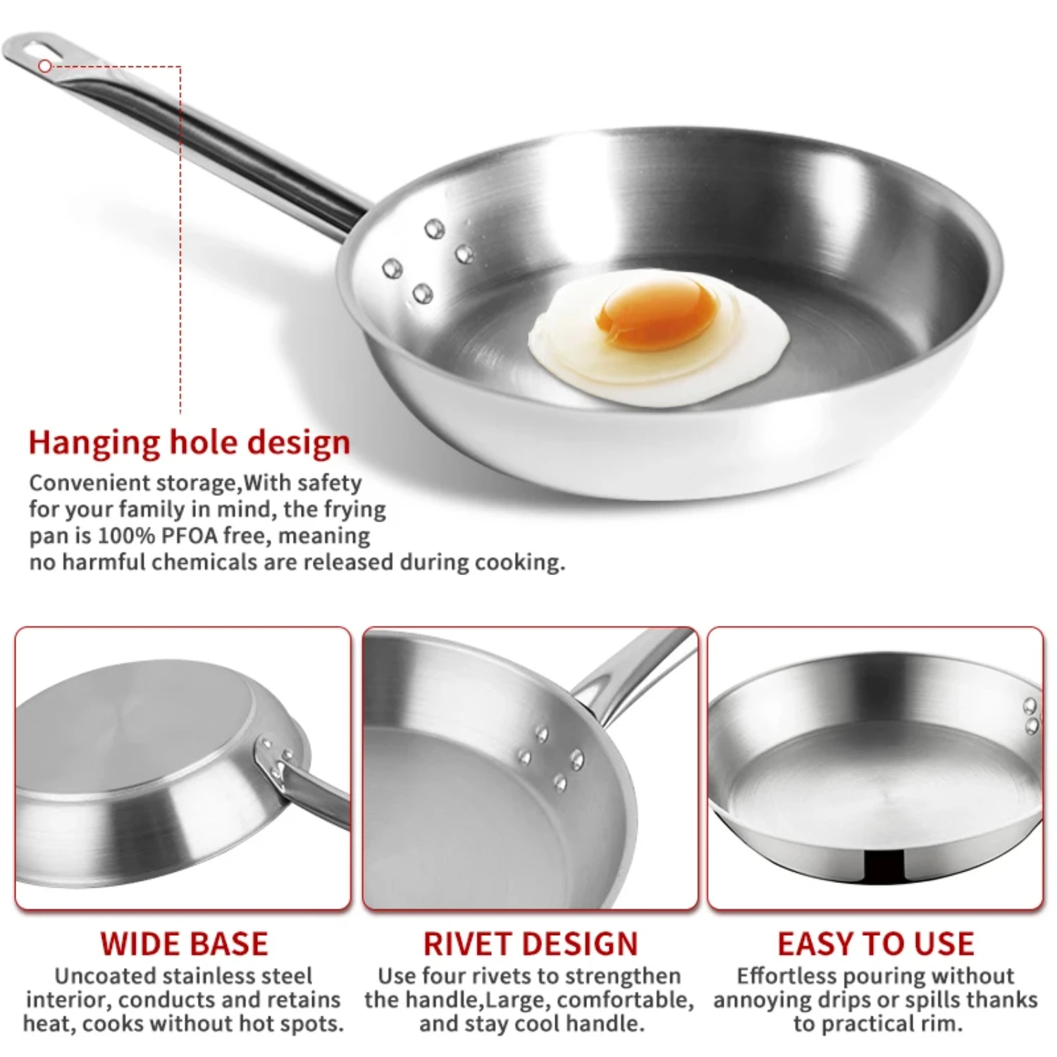 Frying Pan, High-Performance Skillet with Sleek Metallic Exterior, Stainless Steel Frying Pan Suitable For All Hob Types