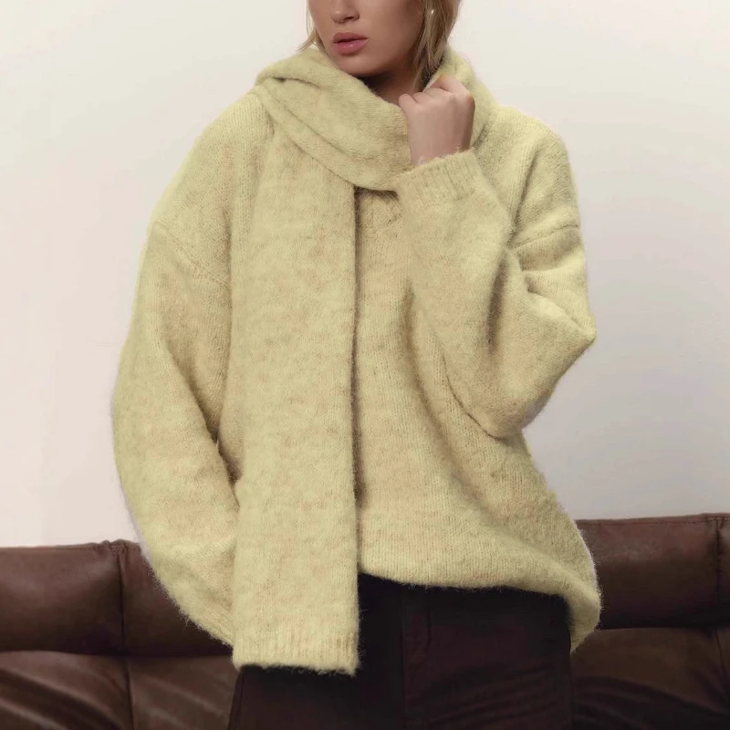 2025 New Soft Loose V Neck Knitted Sweaters Women Winter Solid Female Pullovers & Scarf Warm Basic Knitwear Jumper