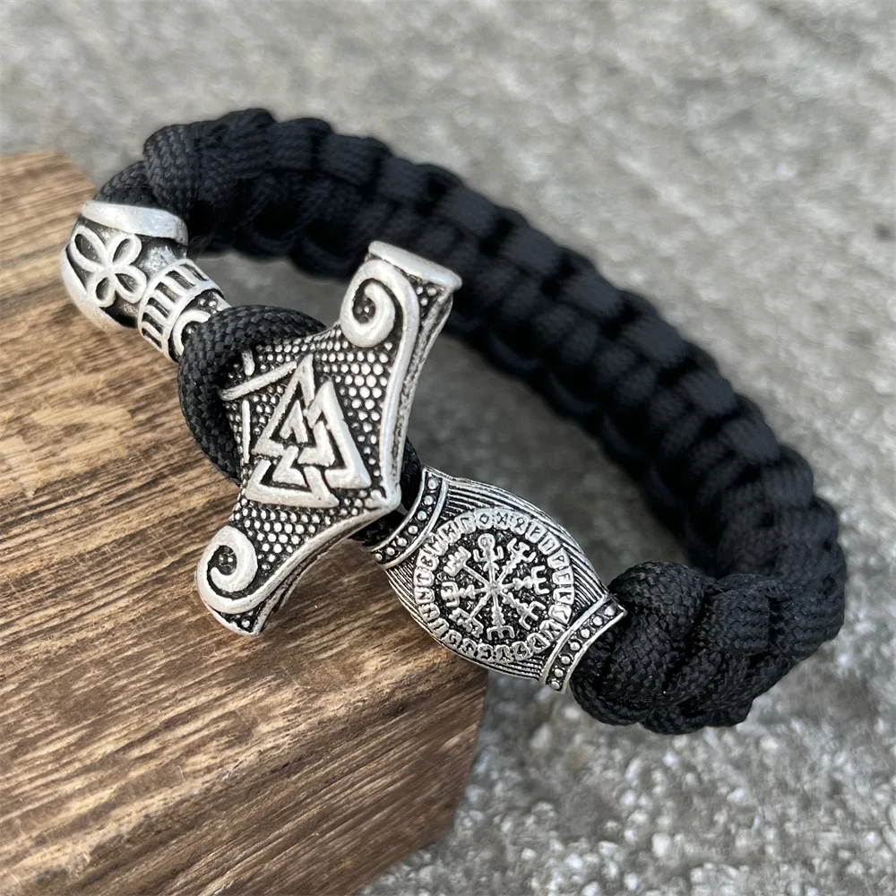 Viking Thor Hammer Valknut Vegvisir Runes Beads Jewelry Handmade Braided DIY Paracord Bracelet Mens Womens Accessories