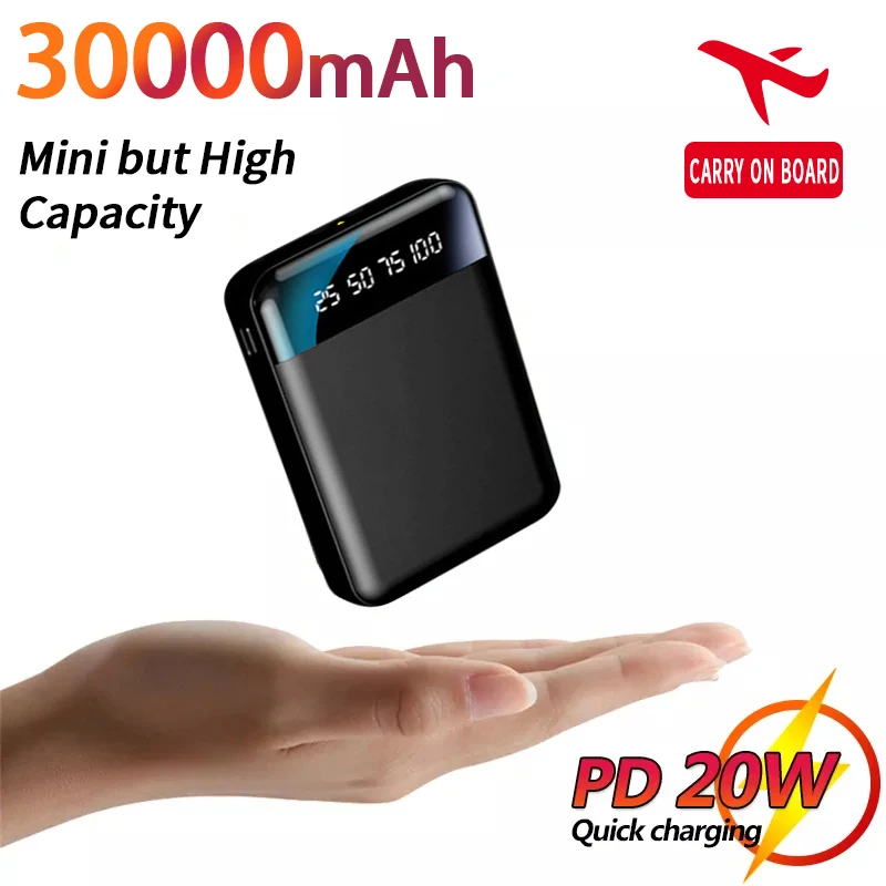 30000mAh Portable Mini 2 USB Power Bank Flashlight Digital Display External Battery Cell Phone For iPhone 12 13 Xiaomi Android 10000 mah Power Bank
