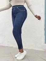 Plus Size Women's High Elasticity Pants Imitation Jeans Printed Washed Effect Slim Fit Female Bottoms Casual Knit Trousers - Image 4