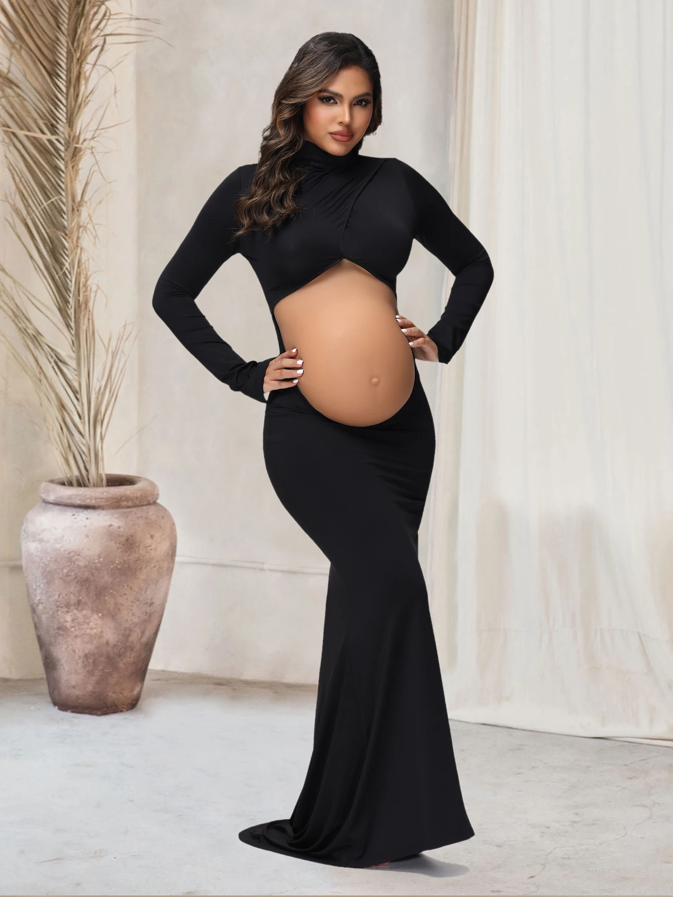 Pregnancy Dress Photography Props Maxi Gown Turtleneck Full Sleeve Cut Out Belly Bodycon Maternity PhotoShoot For Baby Shower 6 S3fdf7be165534d069b3974b340c5876aS