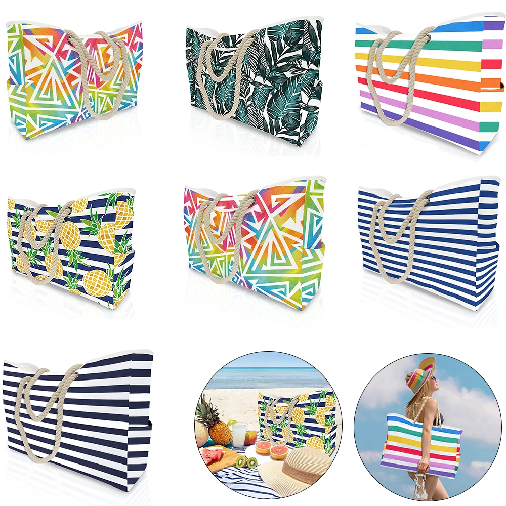 1PC Striped Zipper Outer Bag for Outdoor Travel and Vacation Waterproof and Sand Resistant Canvas Convenient Folding Beach Bag ﻿