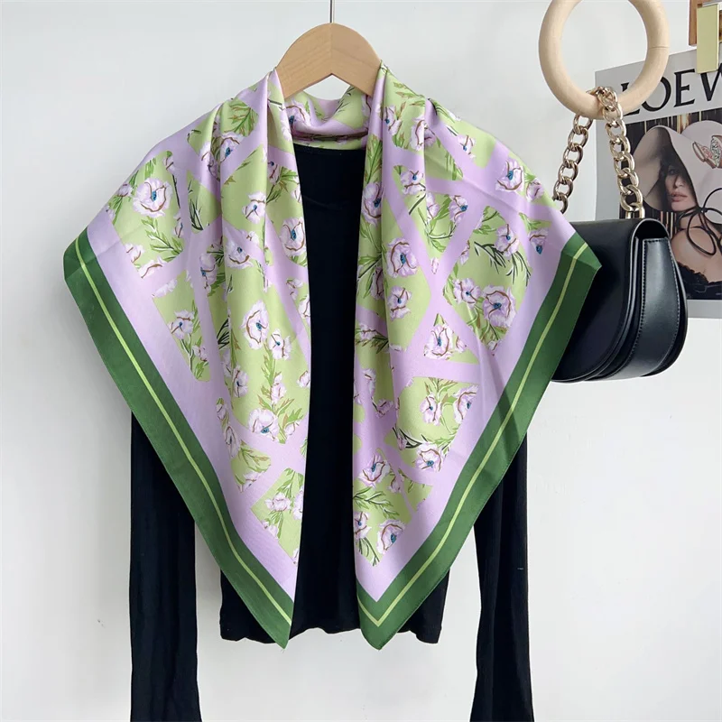 2024 Spanien Mode Plaid Blumen Quadrat Seide Satin Schals Schal Dame hochwertige Wrap Strand Abdeckung gestohlen Bufandas muslimischen Hijab – Detail 5