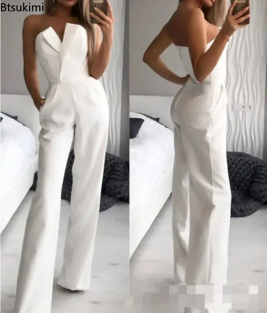 New Fashion Women's Elegant Jumpsuits Solid Off Shoulder Sexy Slim Jumpsuits Female Sleeveless High Waist Wide Leg Rompers Pants