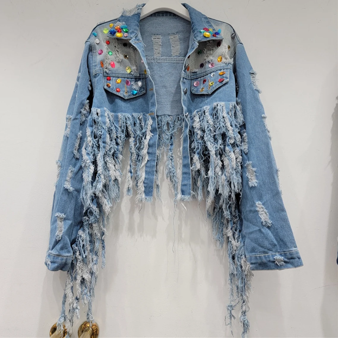 

High Street Diamond Tassel Denim Short Y2K Jacket Women's Holes Jean Coat Casaco Feminino 2023 New Arrival Autumn Clothes