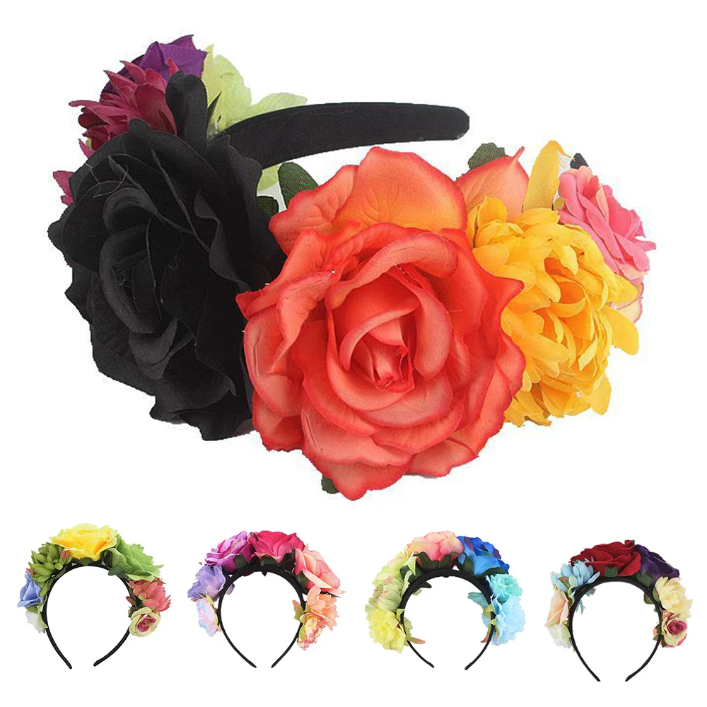 

Halloween Festival Headpiece Simulation Big Rose Flower Headband Stretch Floral Head Buckle Colorful Fake Stamen Head Hoop DIY