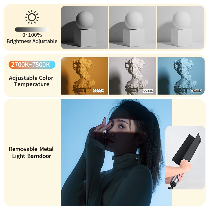 JINBEI EFT220BI 휴대용 LED 비디오 라이트, 지팡이 스틱 사진 튜브, 틱톡용 헛간 문짝 포함, 2700-7500K RGB 14W