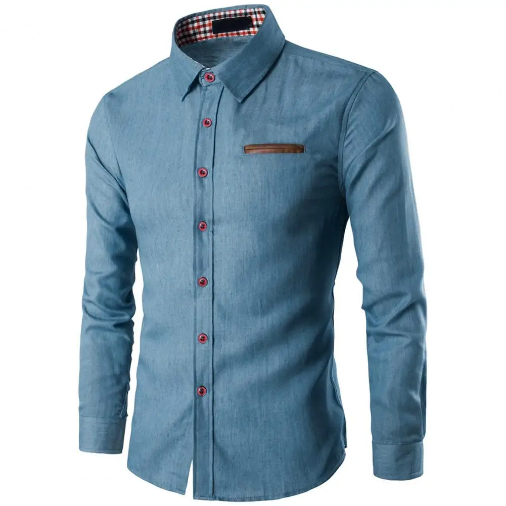

Men Long Sleeve Shirt Versatile Men's Spring Autumn Shirt with Slim Fit Lapel Solid Color Long Sleeve for Streetwear