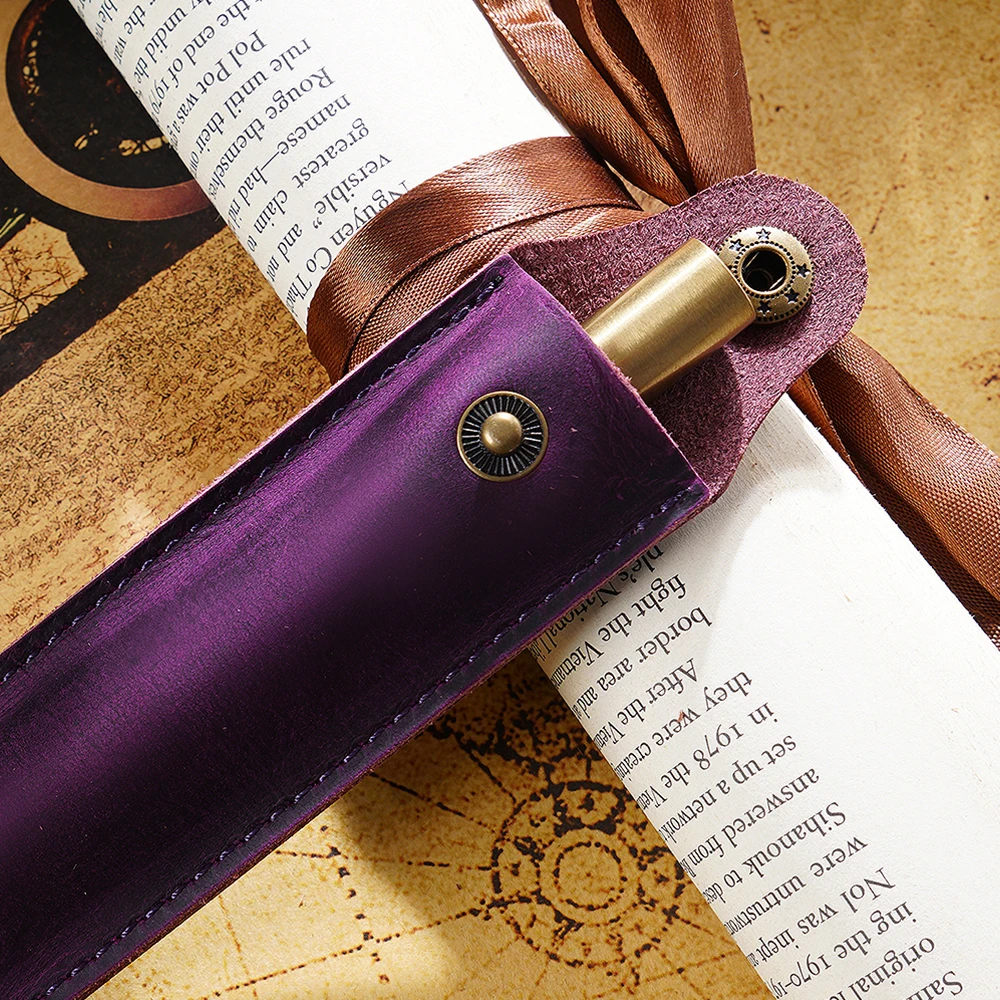 AIGUONIU Genuine Leather Pen Pouch Holder Single Pencil Bag Pen Case With Snap Button For Rollerball
