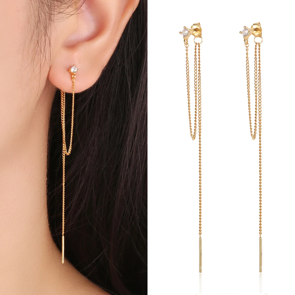 

Authentic Silver 925 Real 100% Zircon Delicate Long Ear Line Stud Earrings Piercing for Women Girls Stack-able Fine Jewelry