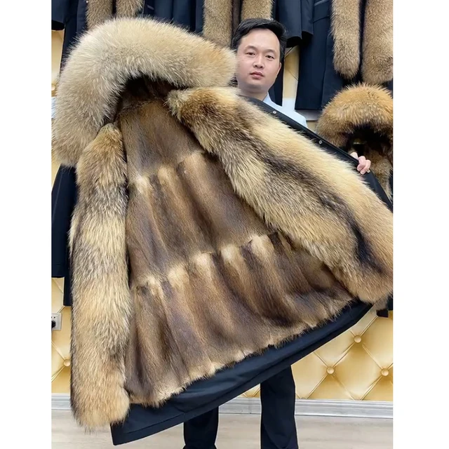 Fox Fur Big Fur Hood Coat Mens Natural Muskrat Fur Coat Men Jacket
