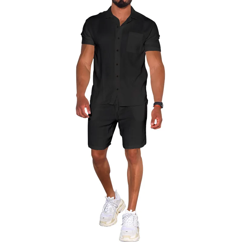 Summer Men's Lapel Solid Color Short-sleeved Shorts Suit