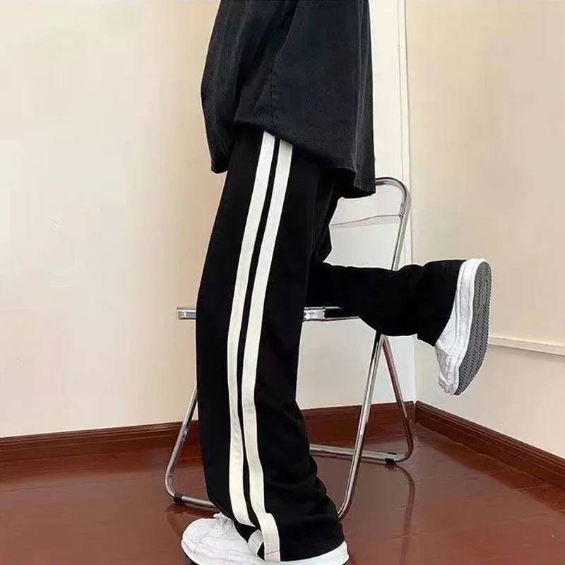 2025 한국 패션 와이드 레그 팬츠 여성 루즈 캐주얼 스트라이프 하이웨이스트 여성 힙합 탄성 허리 포켓 스트레이트 팬츠