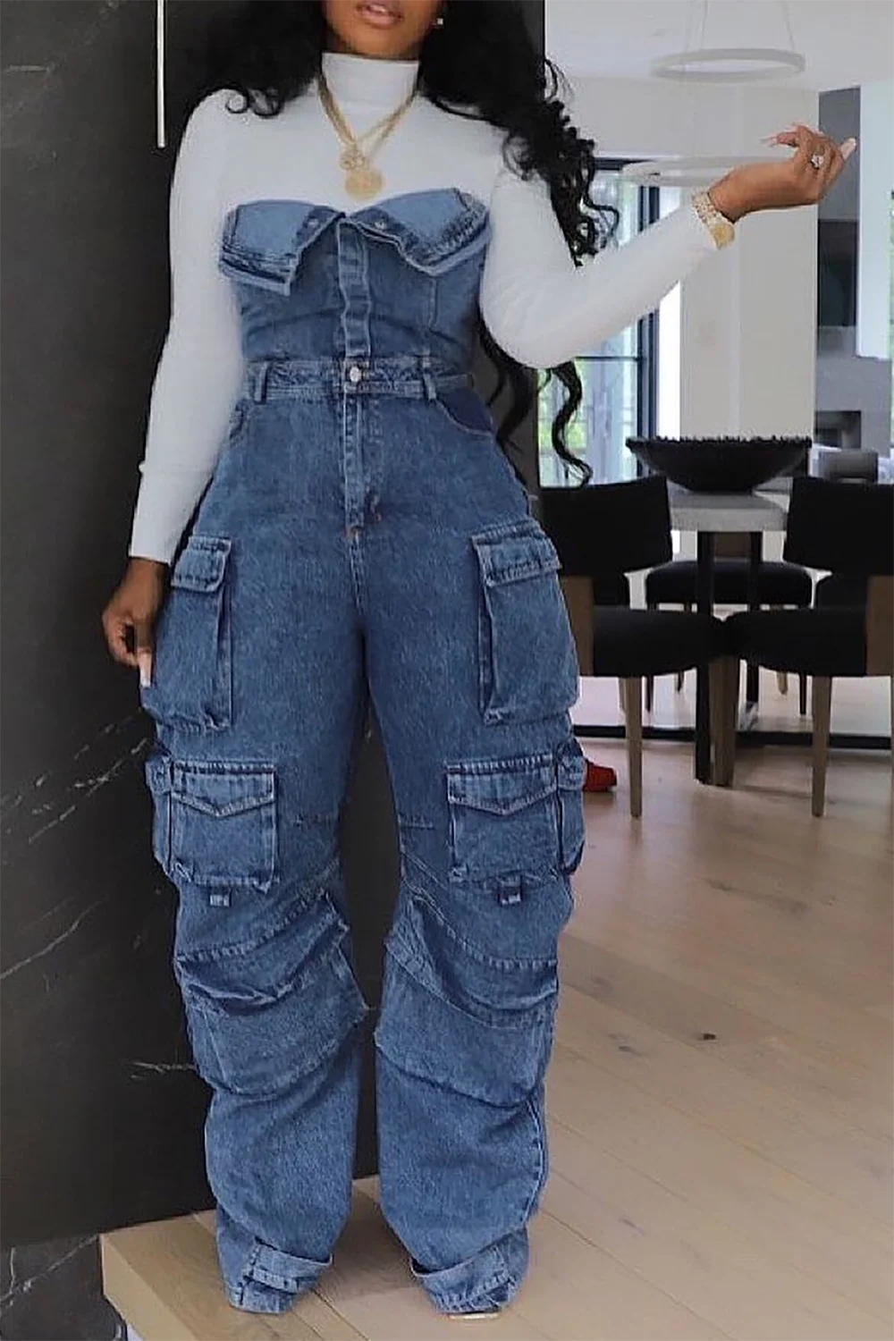 Plus Size Casual Jumpsuit Light Blue Denim Strapless Jumpsuit With Pocket