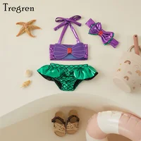 Tregren Toddler Kids Girl Mermaid Bikinis Set Summer Beachwear Halter Top Swimwear Swimming Pool Bathing Suit with Headband 1