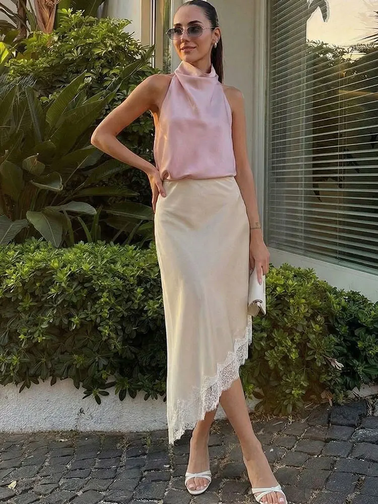 HH Women Elegant Fashion Lace Skirt Asymmetrical Hem Slim High Waist Long Skirts Spring Summer High Street Lady Chic Skirt