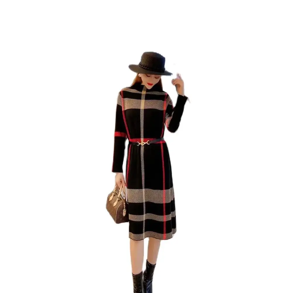 

Lady's Fashion Plaid Large Size Knitted Dress Women 2022 Autumn And Winter New Temperament Slim Sweater Bottoming Skirt WomenTid