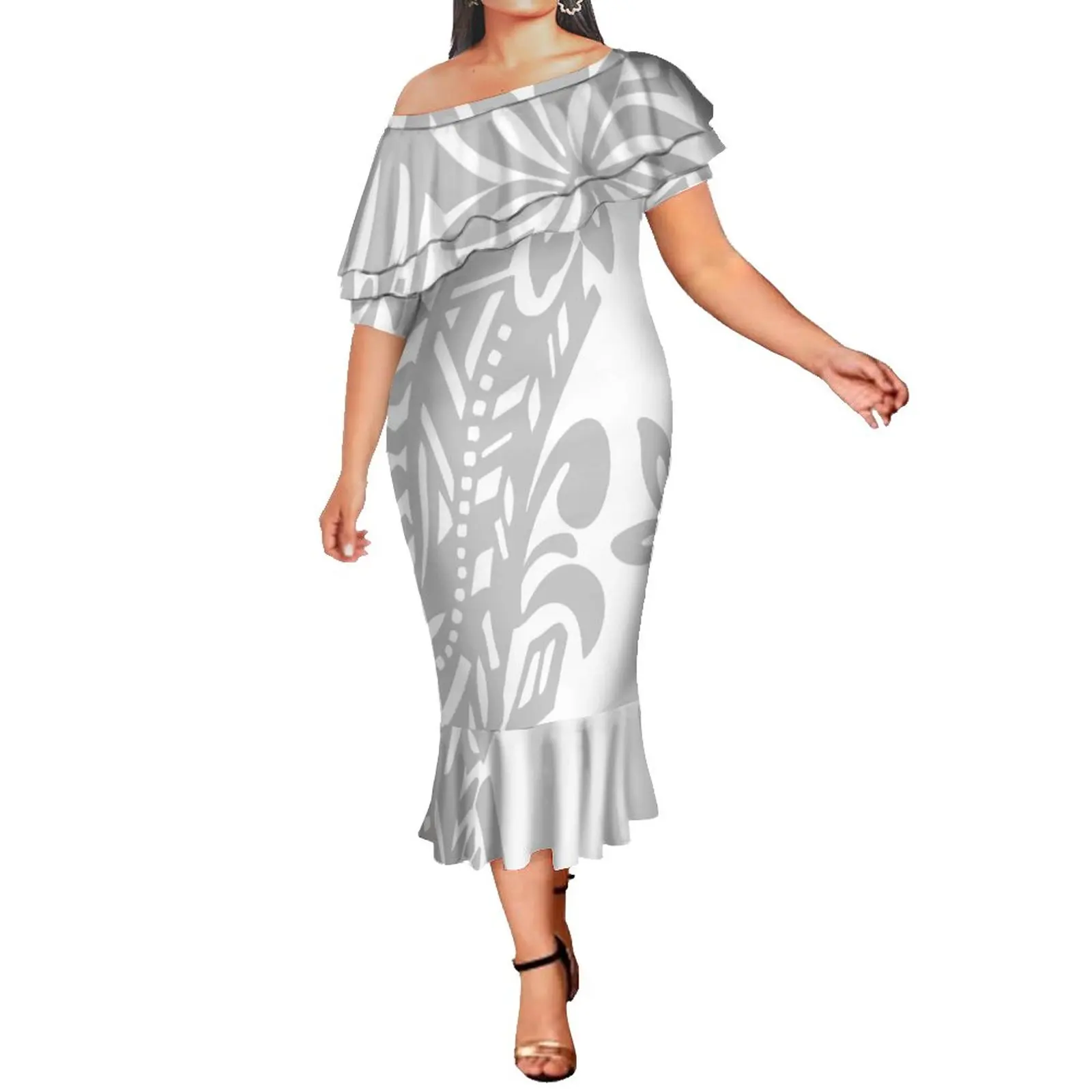 

Polynesian Samoan White Style mother day Fishtail Dresses Pacific Island Art Washable Tight Double Shawl Mermaid Dress