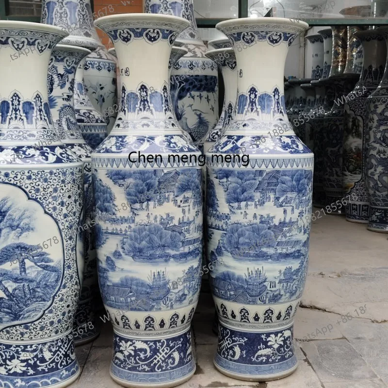 Ceramic floor standing large vase hand-painted blue and white landscape antique gold bell vase ornament - Image 5