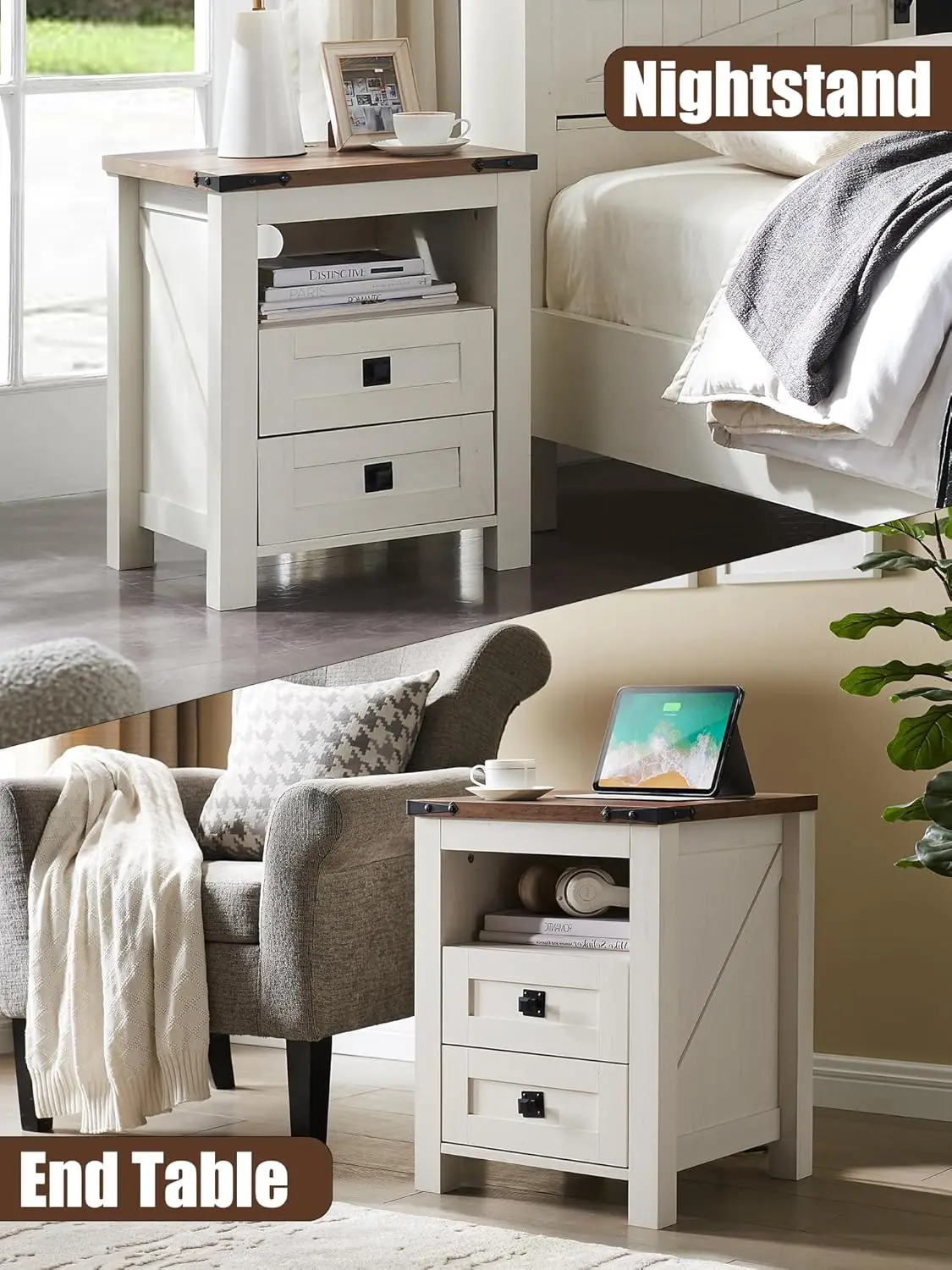 Nightstand with Charging Station, End Table, Side Table with 2 Drawers Storage Cabinet for Bedroom, Living Room, Farmhou