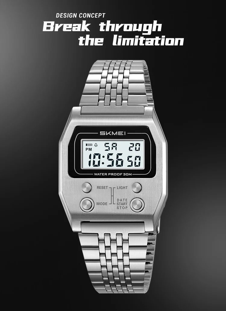 Herrklocka digital rostfritt stål sport retro led vattentät_voghion.com