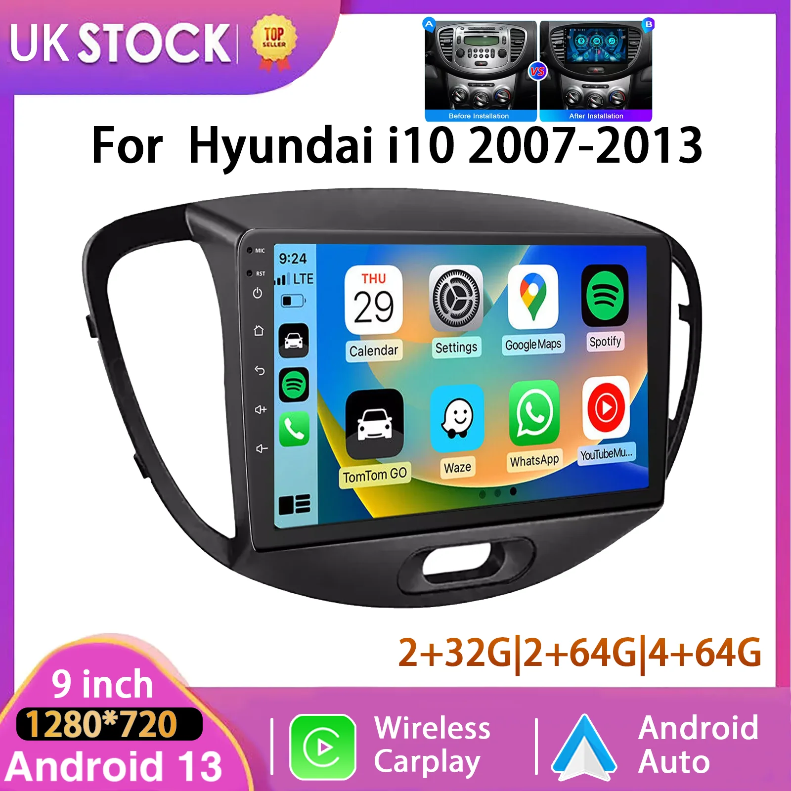 Essgoo 9 "Android13 Auto Stereo Radio Drahtlose Apple CarPlay Für Hyundai i10 2007-13 Multimedia Player Kopf einheit GPS Navi WiFi FM