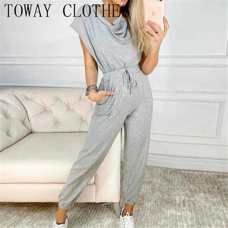 

Women Cowl Neck Drawstring Waist Casual Jumpsuit Playsuit Elegant Office Lady Rompers Overalls Pockets