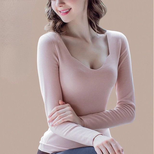 Double-sided German Velvet Long-sleeved T-shirt Women's Autumn and Winter  Low-neck Thermal Underwear
