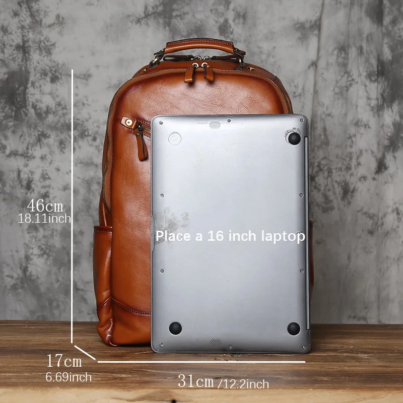 NZPJ Retro Genuine Leather Men's Backpack Fashion Top Layer Cowhide Backpack Large Capacity Travel Backpack Laptop Bag