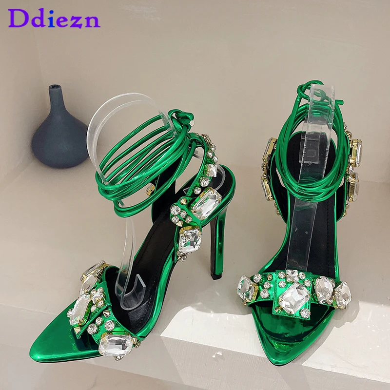 

Women Pumps Elegant Thin High Heels New Crystal Summer Pointed Toe Rhinestones Fashion Female Shoes 2023 Ladies Sandals Slides