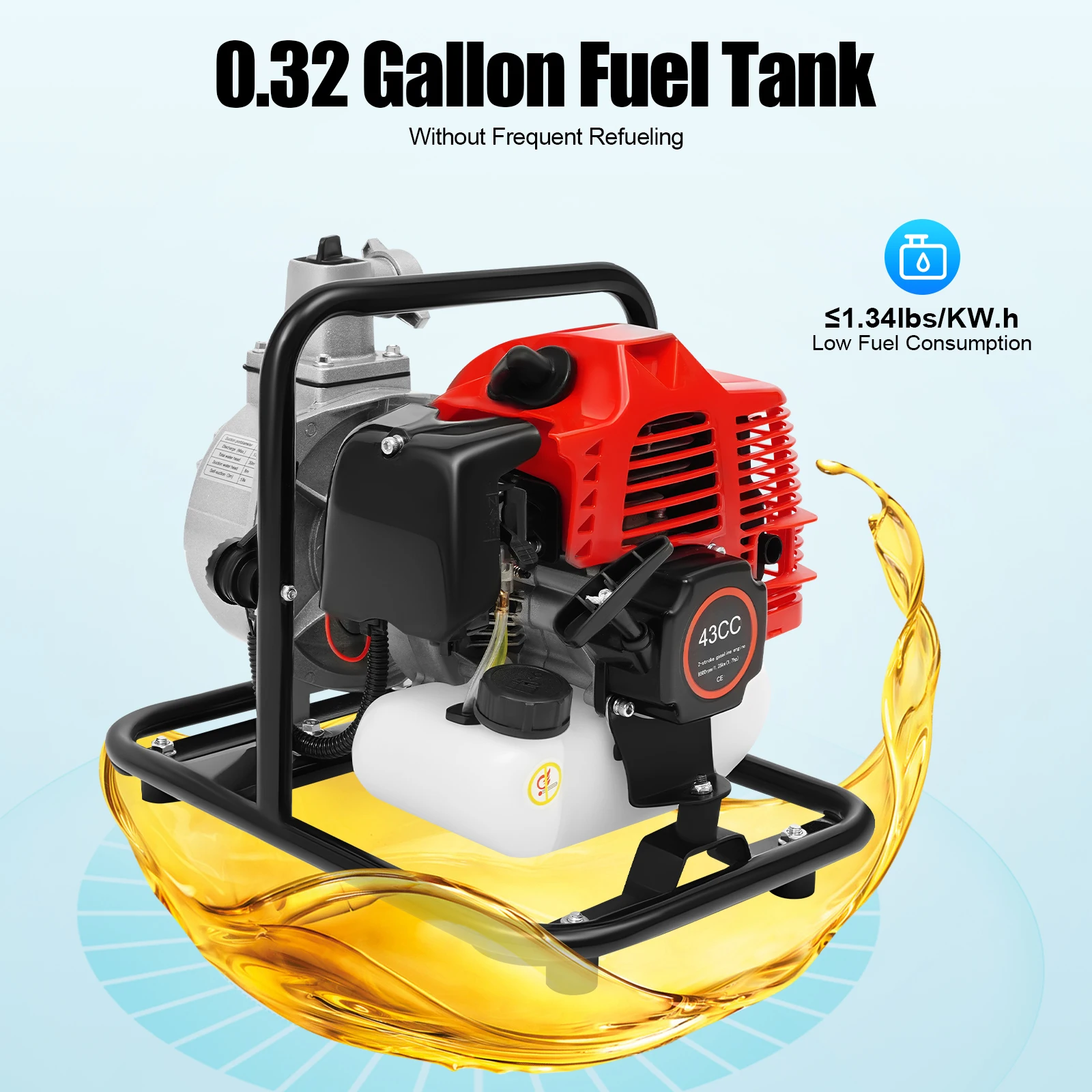 1.7HP 43cc Gasoline Water Pump 35 GPM 98FT Lift High Flow Self Priming Pump for Irrigation Drainage Pool Farm Use