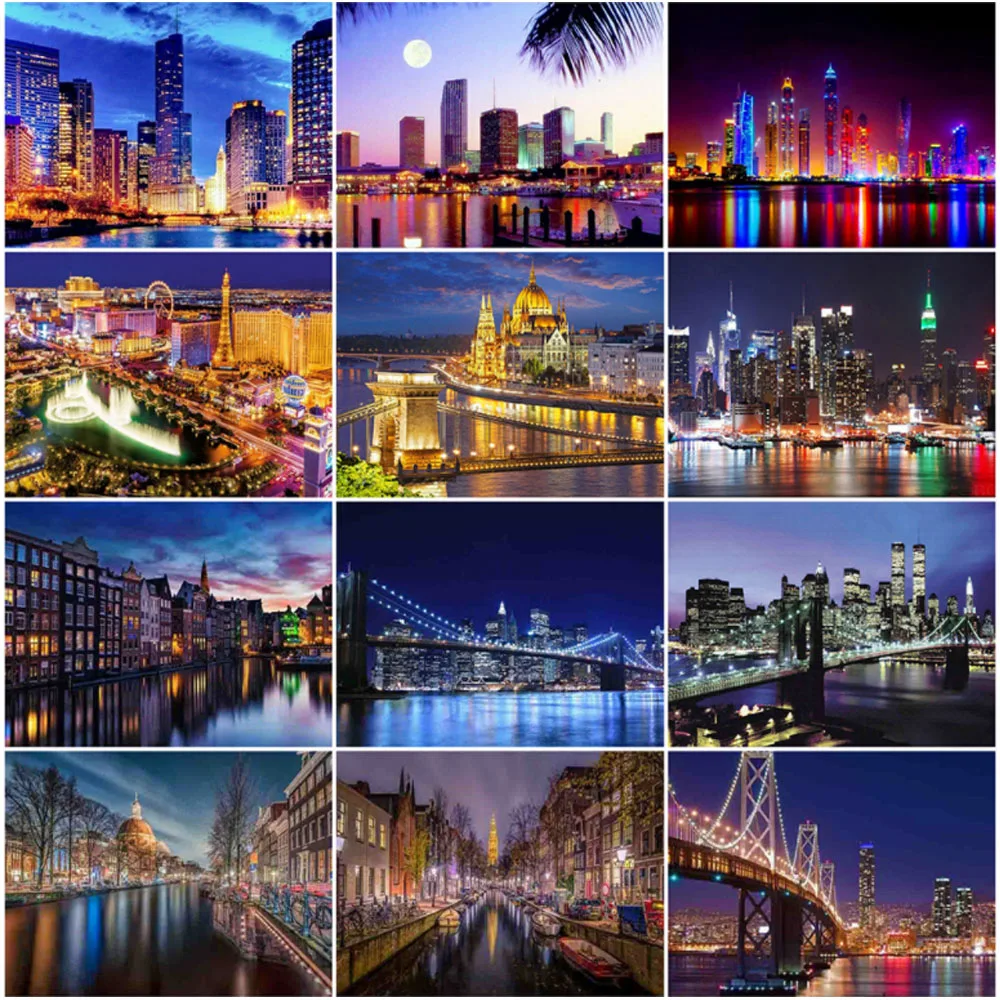 Needlework Diamond Embroidery Scenic Full Square Painting City Night Mosaic Cross Stitch Building Home Decoration