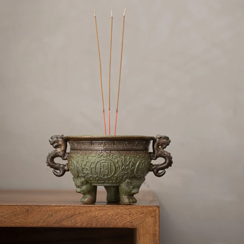 Antique Kiln Change Green Field Incense Stove Treasure Bowl Line Aromatherapy Furnace Consecrate Buddha Triangle Holder Ornament