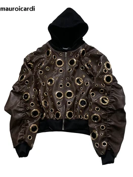 Autunno oversize scava fuori giacca di pelle pu da uomo foro fresco designer di lusso falso 2 pezzi vestiti di moda europei con cappuccio 2025 1