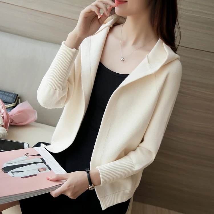 

2023 Women New Spring Autumn Fashion Knit Cardigan Coat Famale Short Thin Hooded Sweater Loose Ladies Jacket Korean Style X03