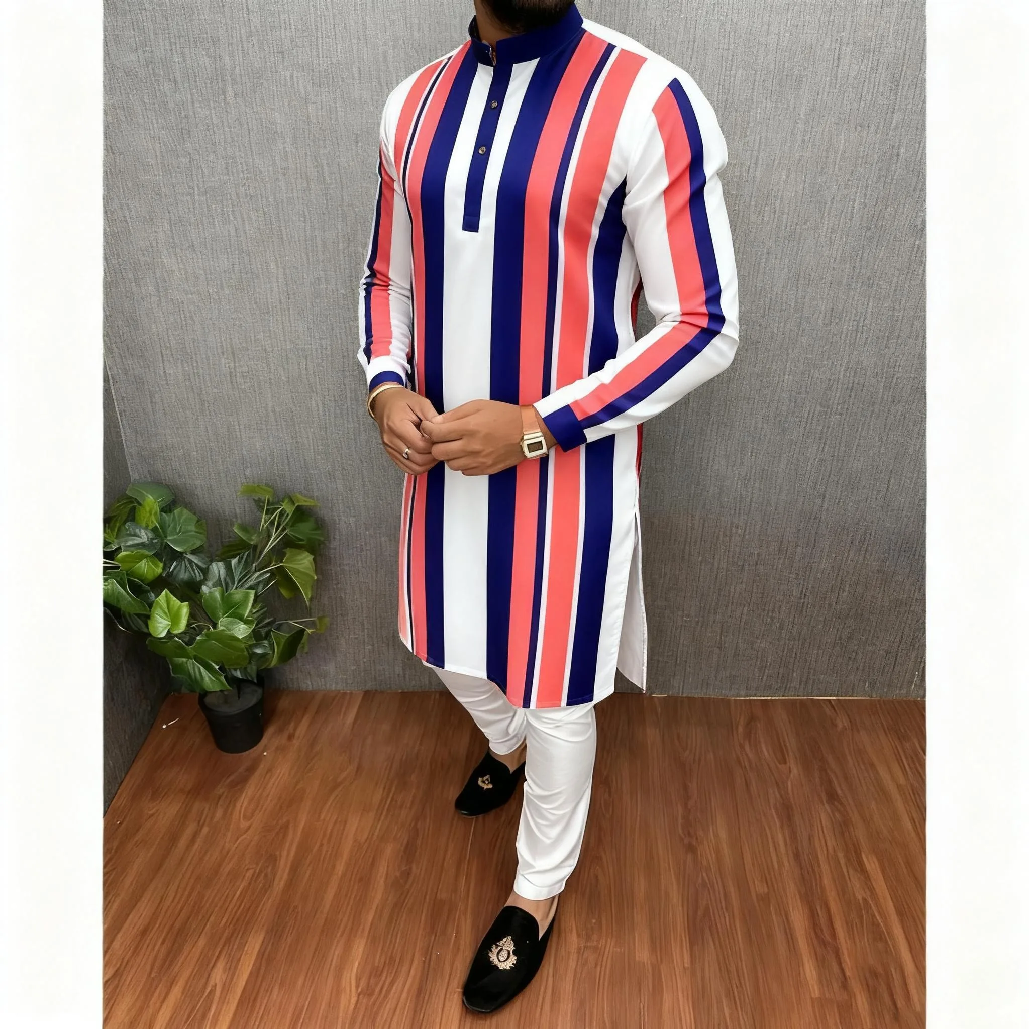 Kurta Vardha Regular Fit Mandarin Collar Long Suitable National Style Such Wedding Hari Raya Aidilfitri Muslim Herren Arabe