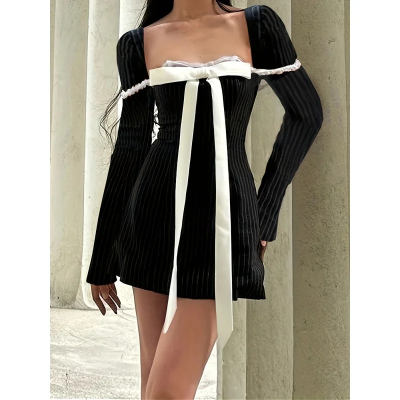 

Elegant Striped Long-Sleeve Bow Dress | Asian-Influenced Mini | Durable & Perfect for Spring/Fall