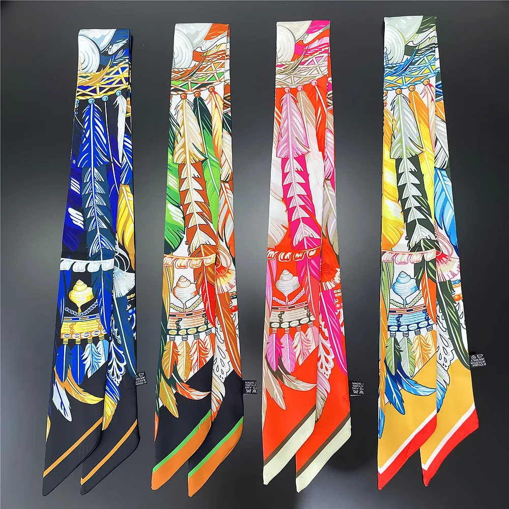 Brand Small Scarves, Boutique Scarves, Feather Printed Silk Scarves, Women's Accessories, Printed Ribbons, Super Feel, New Style 5