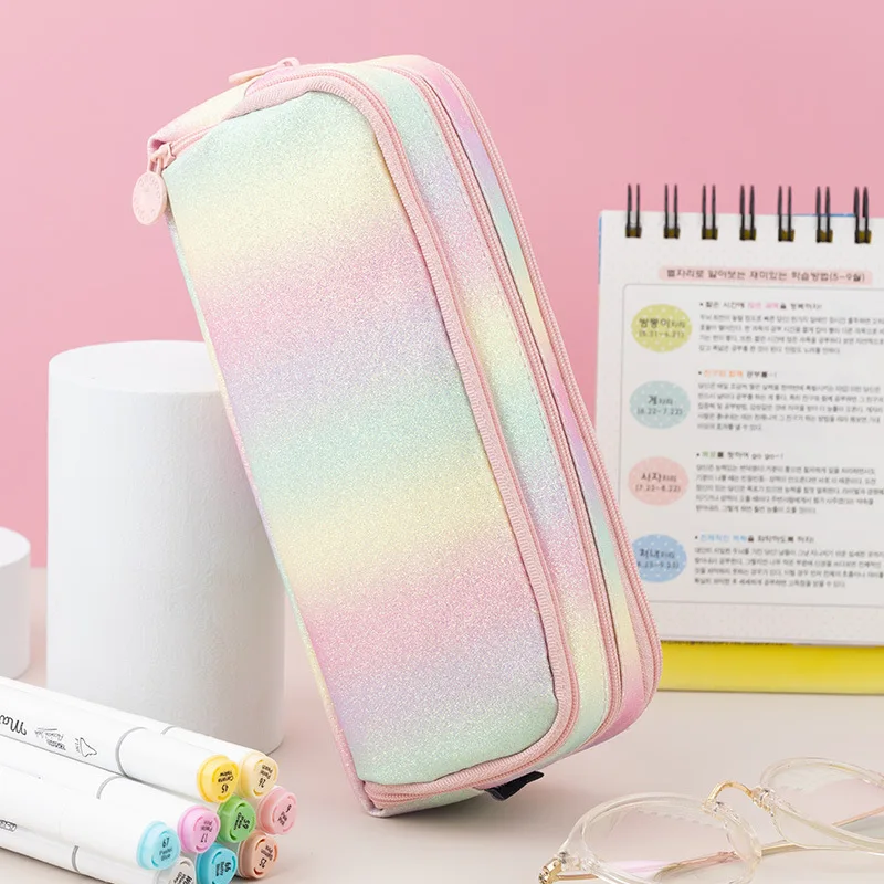 Kawaii Rainbow Pencil Case for Girls School Pencilcase Large Capacity Stationery Organizer Pen Box Three Zipper Pouch Office Bag