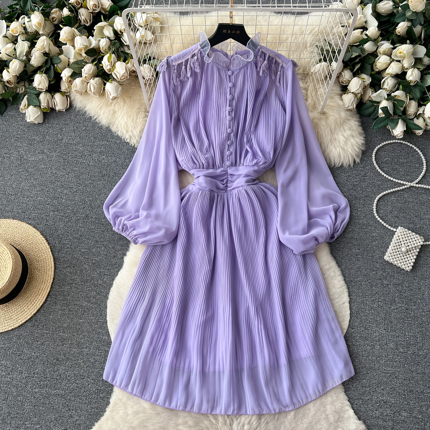

Women French Long Sleeve A-line Dress Feminine Fashion Pleated Slim Chiffon Party Vestidos De Mujer Elegantes Para Fiesta L195