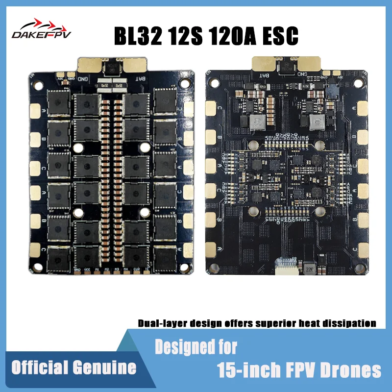 DAKEFPV ESC 32-bit 12S 120A 4-en-1 monté sur drone FPV, connecteurs visibles